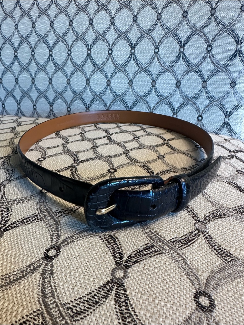 Lauren Ralph Lauren Black Croc-Embossed Belt with Gold Buckle Accents